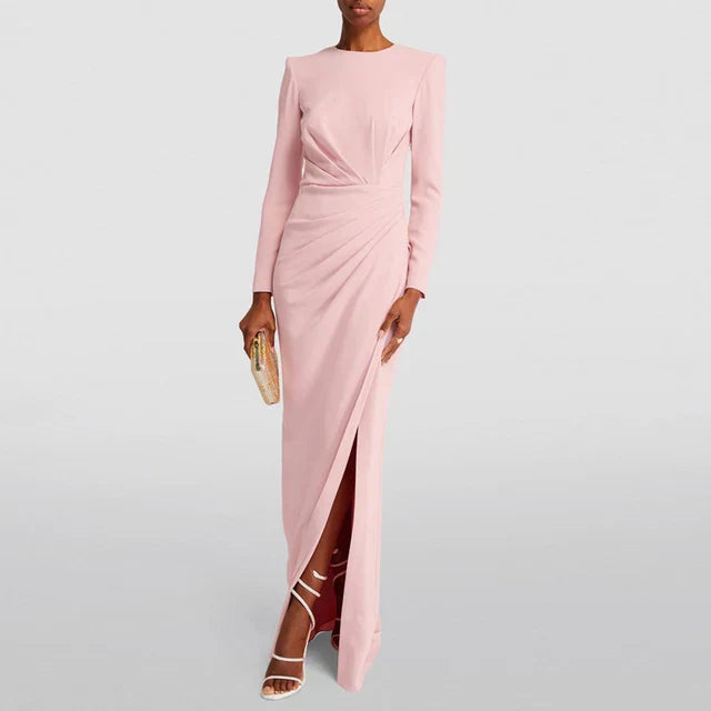 Women's Evening Gown - Long Sleeve - High Neck - Wrap Style - Floor-Length Slit