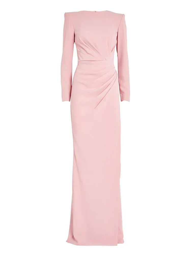 Women's Evening Gown - Long Sleeve - High Neck - Wrap Style - Floor-Length Slit
