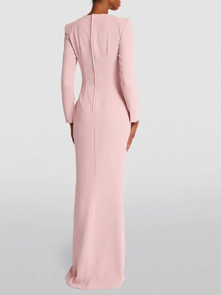 Women's Evening Gown - Long Sleeve - High Neck - Wrap Style - Floor-Length Slit