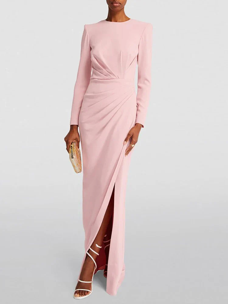 Women's Evening Gown - Long Sleeve - High Neck - Wrap Style - Floor-Length Slit