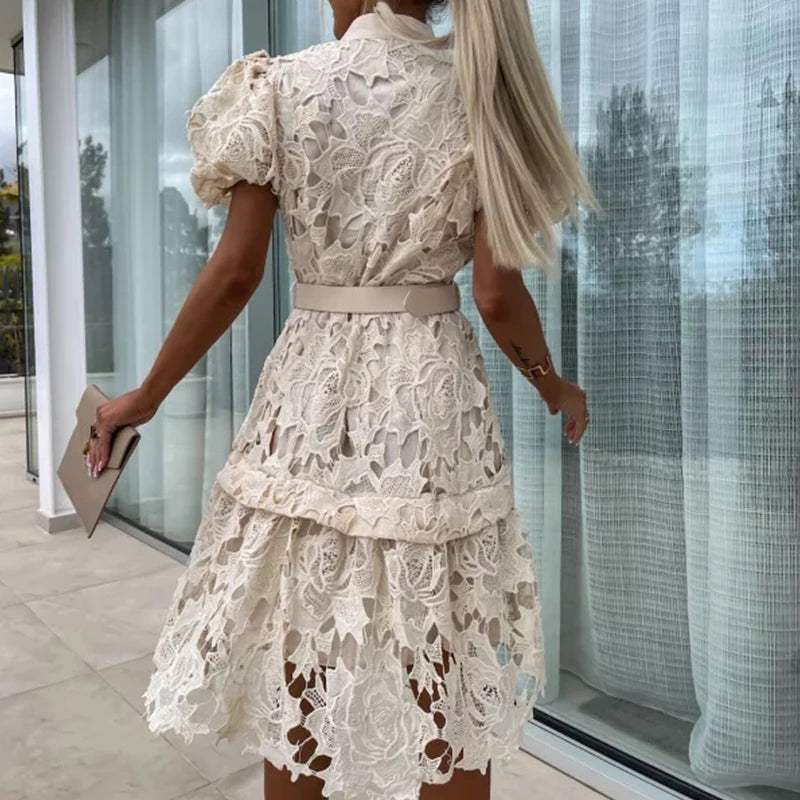 Women's Lace Dress - Elegant Puff Sleeve - Button Down - Belted Waist - Above Knee