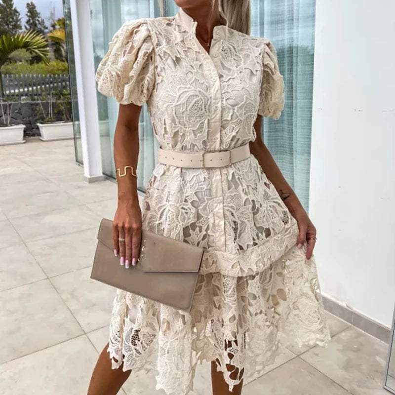 Women's Lace Dress - Elegant Puff Sleeve - Button Down - Belted Waist - Above Knee