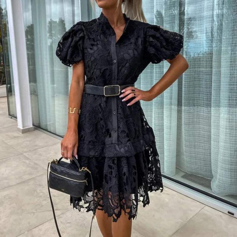 Women's Lace Dress - Elegant Puff Sleeve - Button Down - Belted Waist - Above Knee