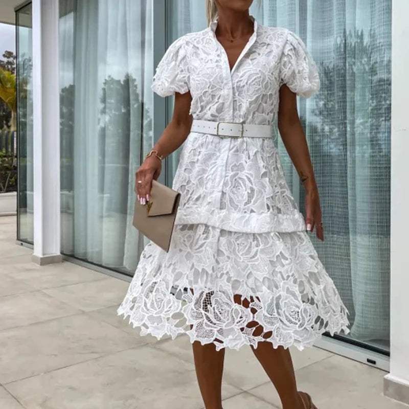 Women's Lace Dress - Elegant Puff Sleeve - Button Down - Belted Waist - Above Knee